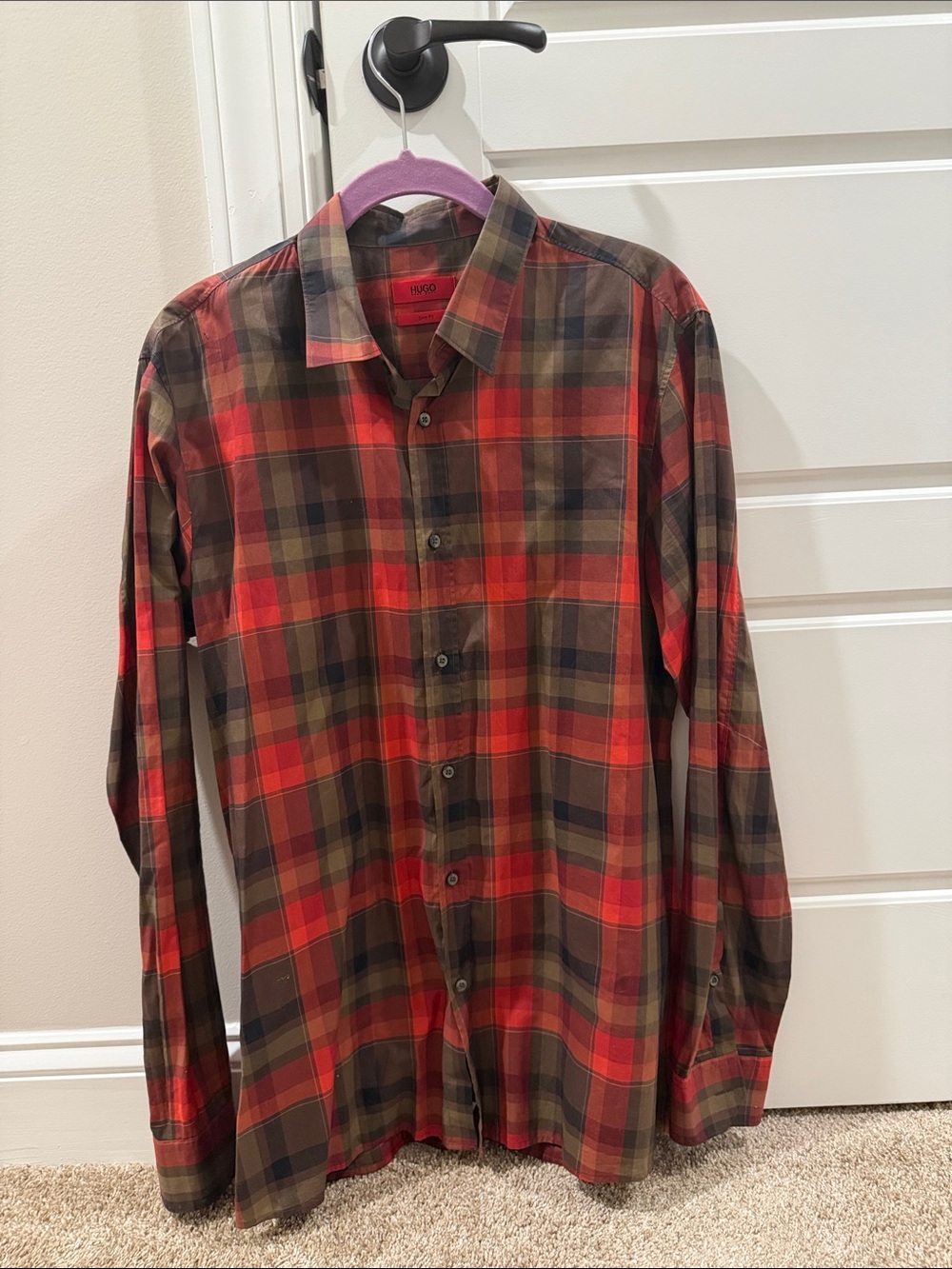 Hugo Boss Red and Brown Plaid Long-Sleeve Button-Down Shirt